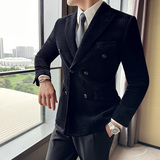 灯芯绒面料高级感西服男士修身戗驳领双排扣西装黑色DX8810-P155，男装西服套装，电商A213