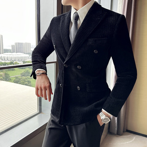 灯芯绒面料高级感西服男士修身戗驳领双排扣西装黑色DX8810-P155图片