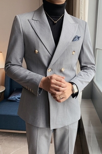 休闲西装双排扣西服套装男士西装两件套韩版修身灰色LJT627/P230图片