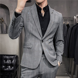 补齐大货~新款男士格子西装两件套修身西服套装蓝色LJT873-P230