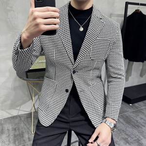 高级感厚款西装外套男潮流修身黑白拼接千鸟格子西服男DX916-P138