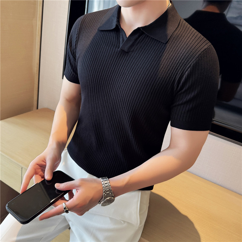 高级感暗条纹V领针织POLO衫男冰丝修身翻领短袖T恤绿色PL2612-P63，男装T恤，电商A213