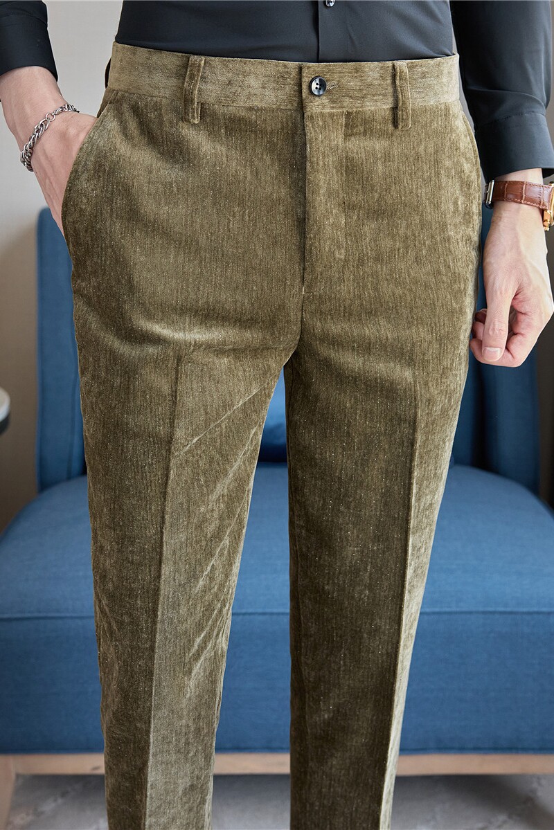 高级感休闲长裤秋冬加厚丝绒西裤修身条纹西装裤子绿色XK630-P68，男装西裤，电商A213