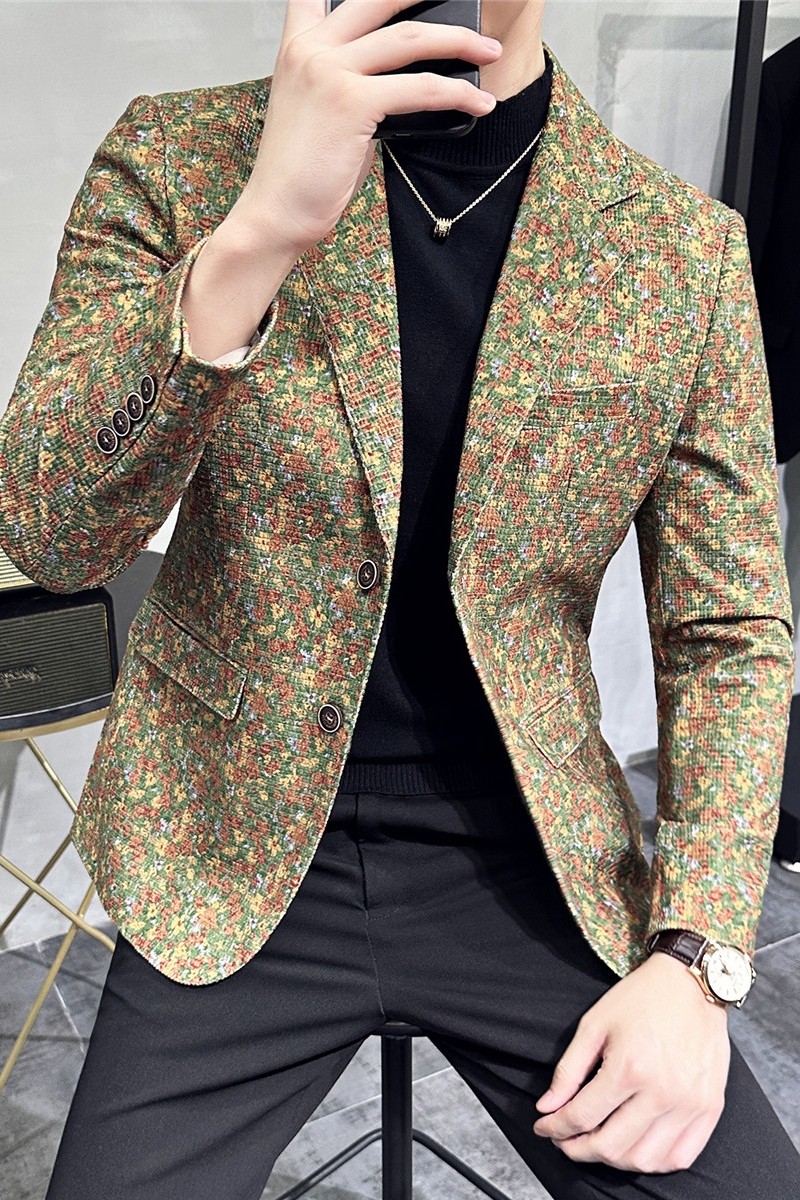 秋冬高级感花色西服外套男印花西装厚款单西上衣卡其色DX920-P155,男装西服套装,电商A213