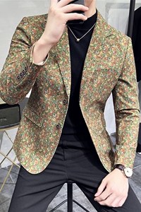 秋冬高级感花色西服外套男印花西装厚款单西上衣卡其色DX920-P155图片