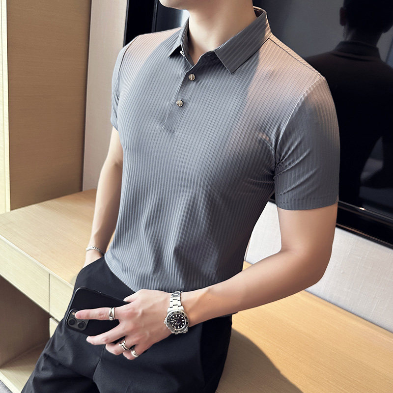 暗条纹高弹冰丝翻领无痕T恤男士短袖POLO衫蓝色PL06-P60,男装T恤,电商A213