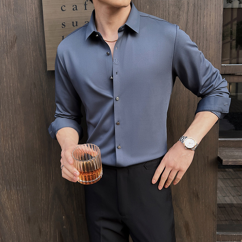 轻奢高级感弹力无痕压胶华夫格长袖衬衫男刺绣衬衣C6018-P78图片