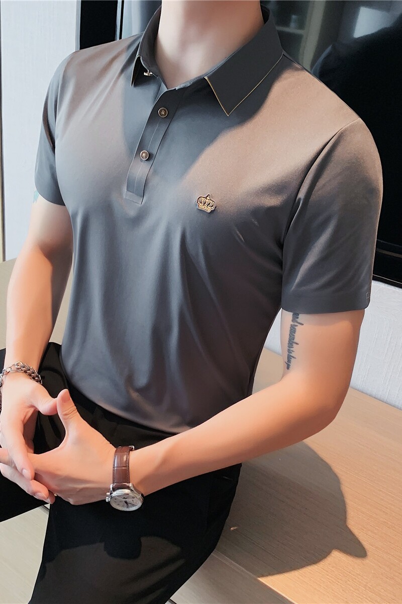 小金边冰丝轻薄高弹翻领无痕T恤男士冰感短袖POLO衫灰色PL01-P70,男装T恤,电商A213