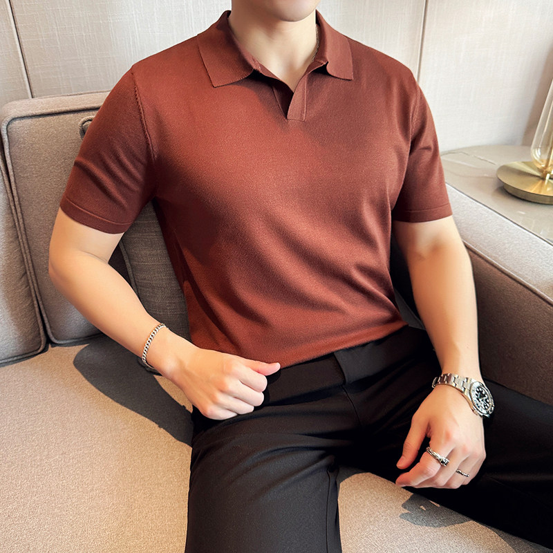 夏季冰丝薄款V领针织短袖Polo衫男纯色翻领T恤绿色PL8925-P53图片