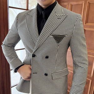 戗驳领双排扣千鸟格拼色西服外套男皮口袋装饰西装DX8819-P147图片