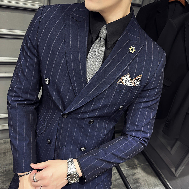高级感西服套装条纹双排扣戗驳领西装三件套男蓝色SJT8013-P275图片