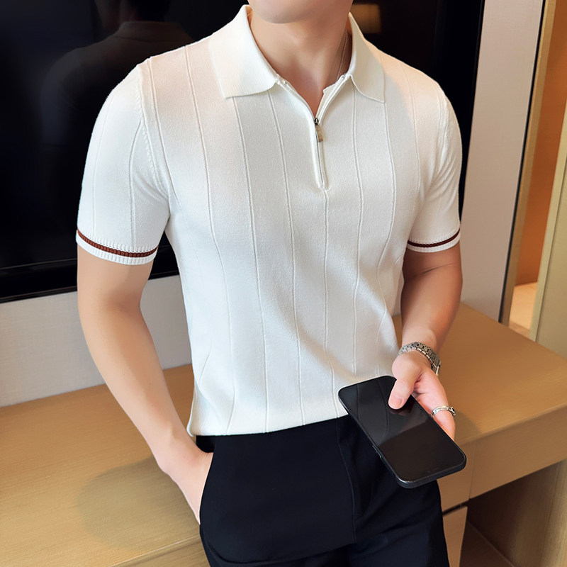 半拉链坑条~薄款冰丝条纹针织短袖Polo衫翻领T恤白色PL8902-P63,男装T恤,电商A213