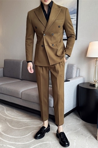 双排扣男士毛呢休闲西服套装妮子加厚西装两件套驼色LJT8809-P220图片