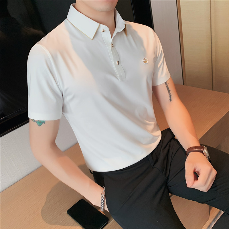 小金边冰丝轻薄高弹翻领无痕T恤男士冰感短袖POLO衫白色PL01-P70图片