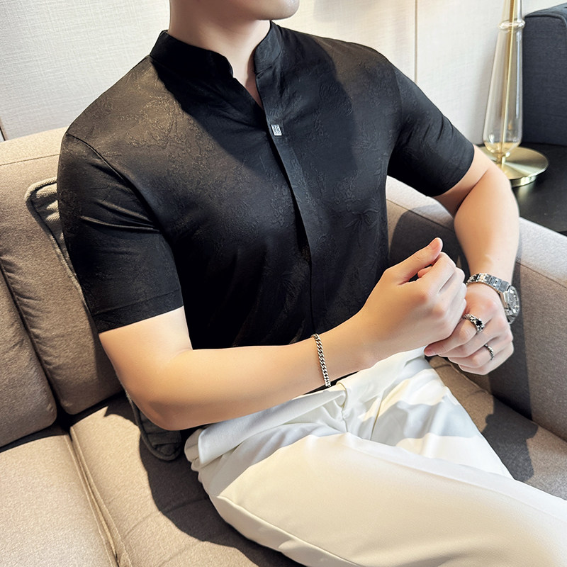 新中式立领无痕~时尚提花V领polo衫薄款短袖t恤黑色PL2537-P67,圆领加厚卫衣假两件搭配图片