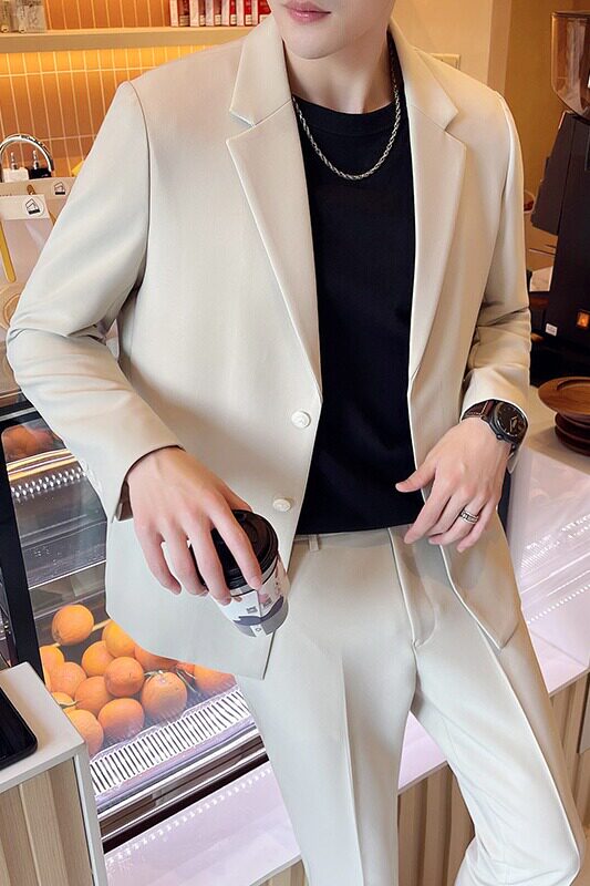 西服套装男阔版两粒竖排扣子小西装垂感西装两件套杏色LJT18-P235,男装西服,电商A213