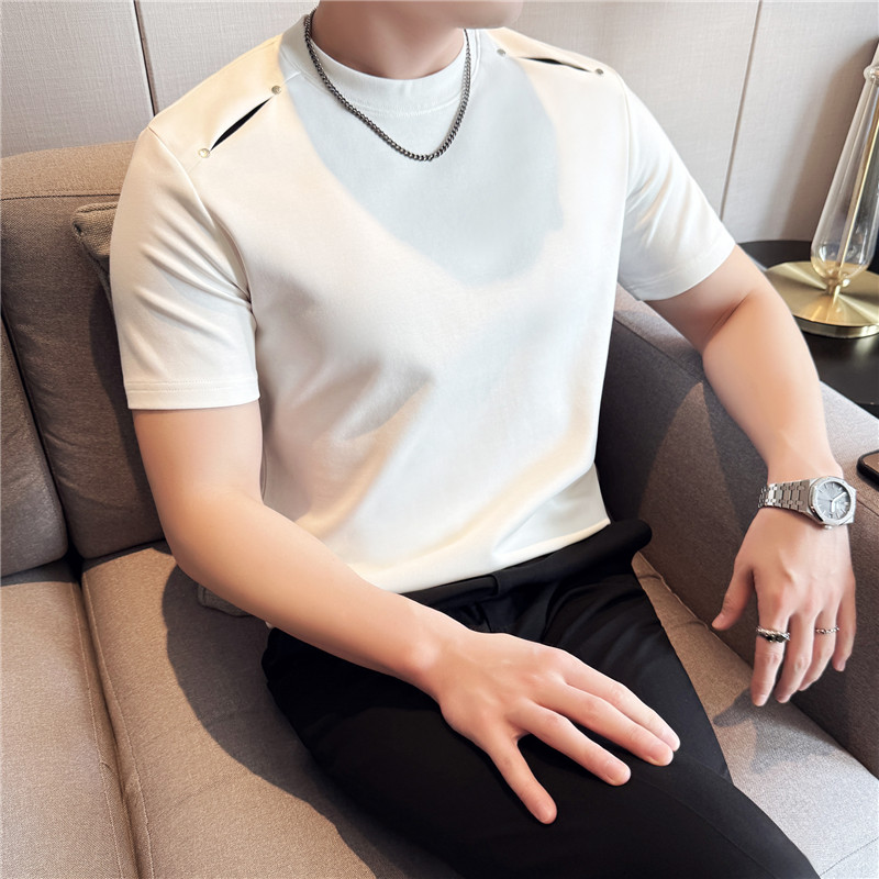 夏季亲肤凉感短袖T恤肩部拼接装饰设计感圆领时尚男白色T7539-P47，男装T恤，电商A213