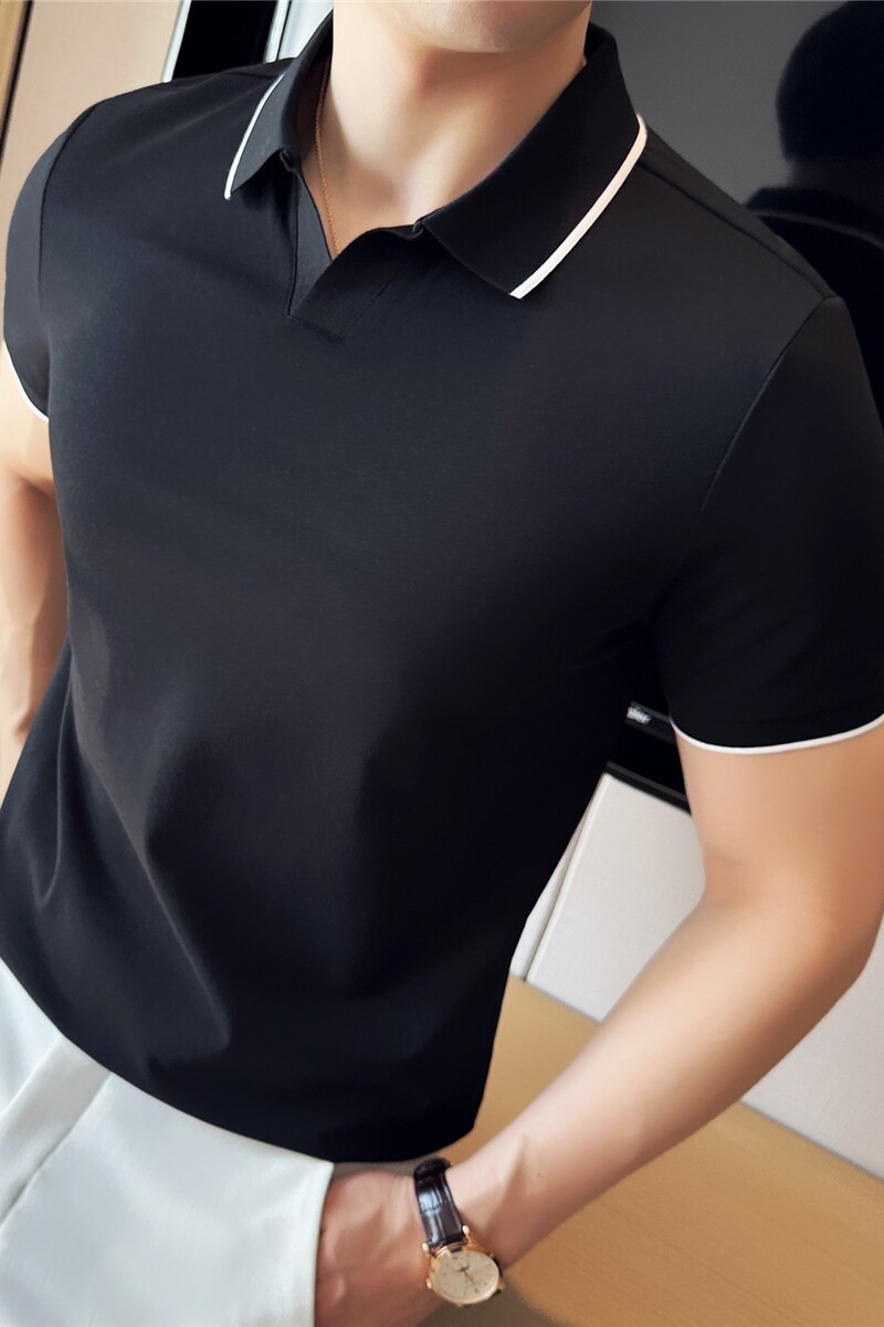 夏季时尚拼色V领polo衫男短袖翻领t恤黑色PL2239-P52图片
