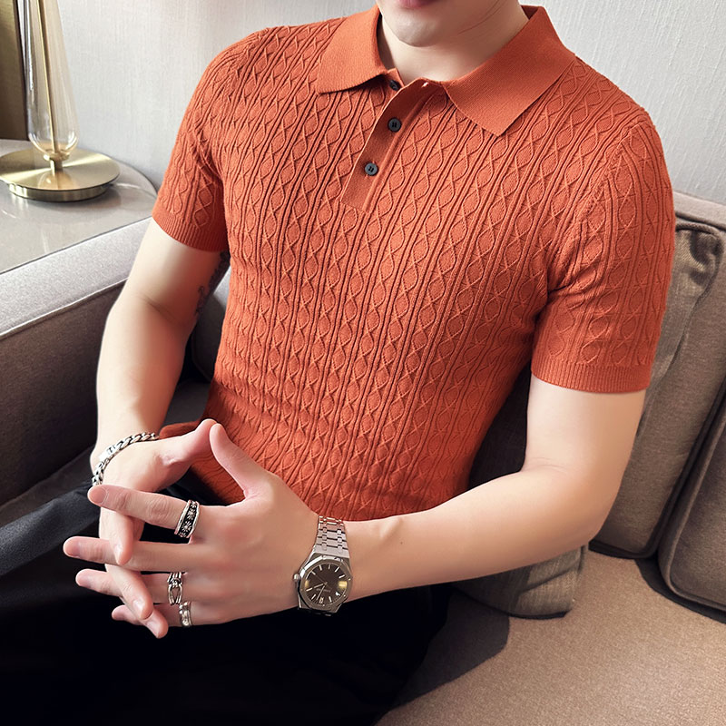 薄款时尚提花针织短袖T恤修身短袖Polo衫翻领tee黑色PL9781-P68,男装T恤,电商A213