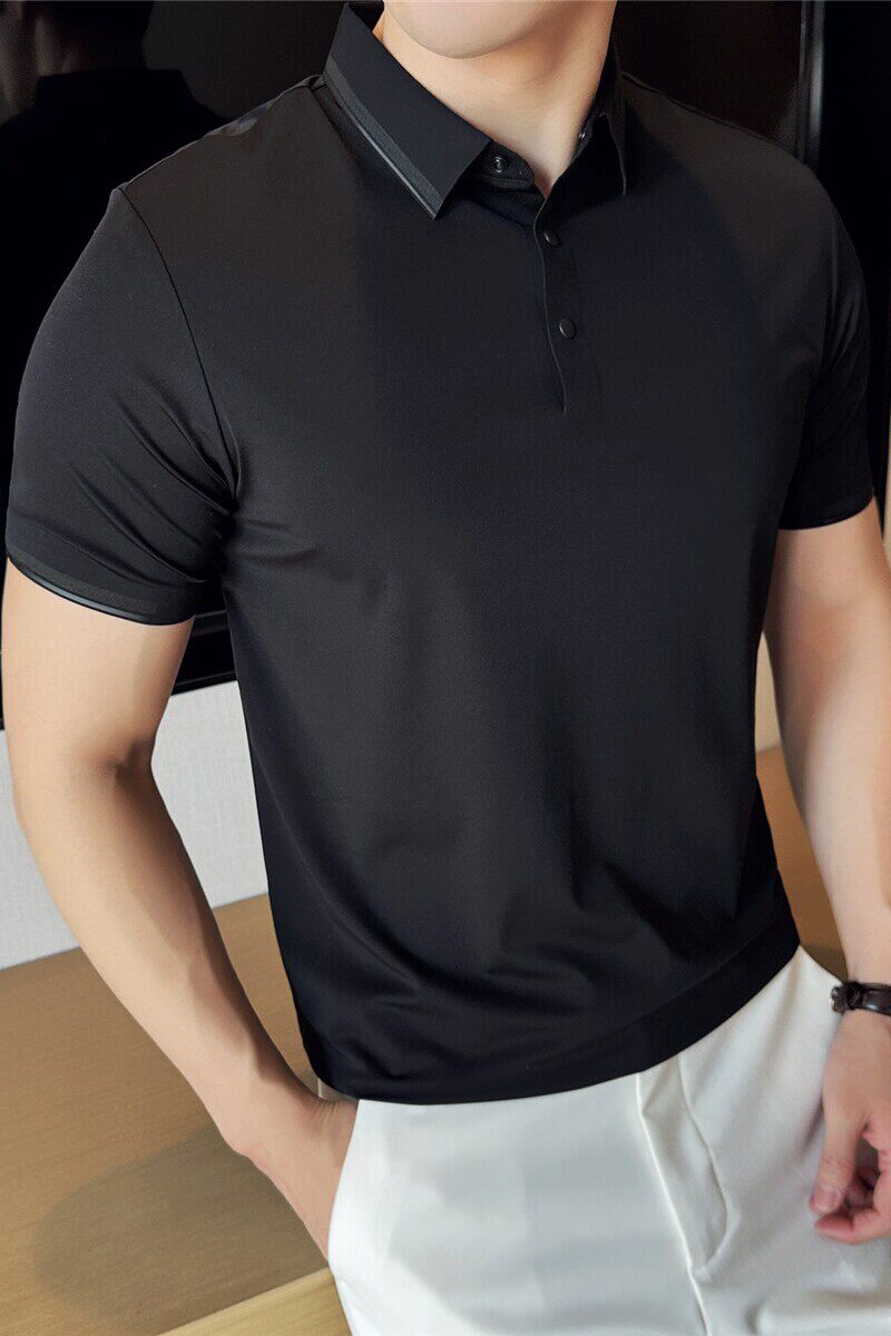 高弹垂感无痕压胶高级感polo衫领口撞色短袖翻领t恤黑色PL12-P68图片