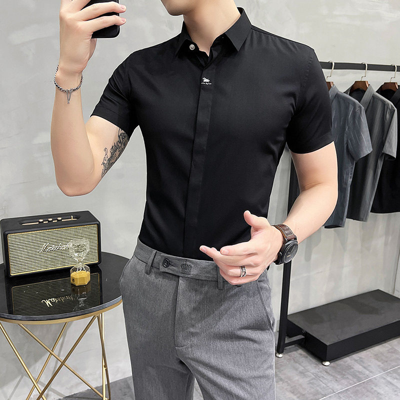 2025夏季新款男刺绣短袖衬衫暗门襟暗扣衬衣修身浅蓝色C1809-P60,男装T恤,电商A213