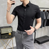 2025夏季新款男刺绣短袖衬衫暗门襟暗扣衬衣修身浅蓝色C1809-P60，男装T恤，电商A213