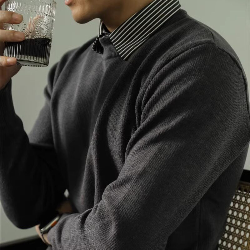 条纹衬衫领男加厚毛衣商务假两件针织羊毛衫高级感黑色M8816-P88,男装针织衫/毛衣,电商A213