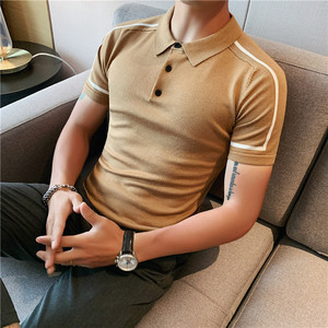 长期做~时尚拼色条纹修身弹力针织冰丝T恤男短袖POLO衫PL9802-P55图片