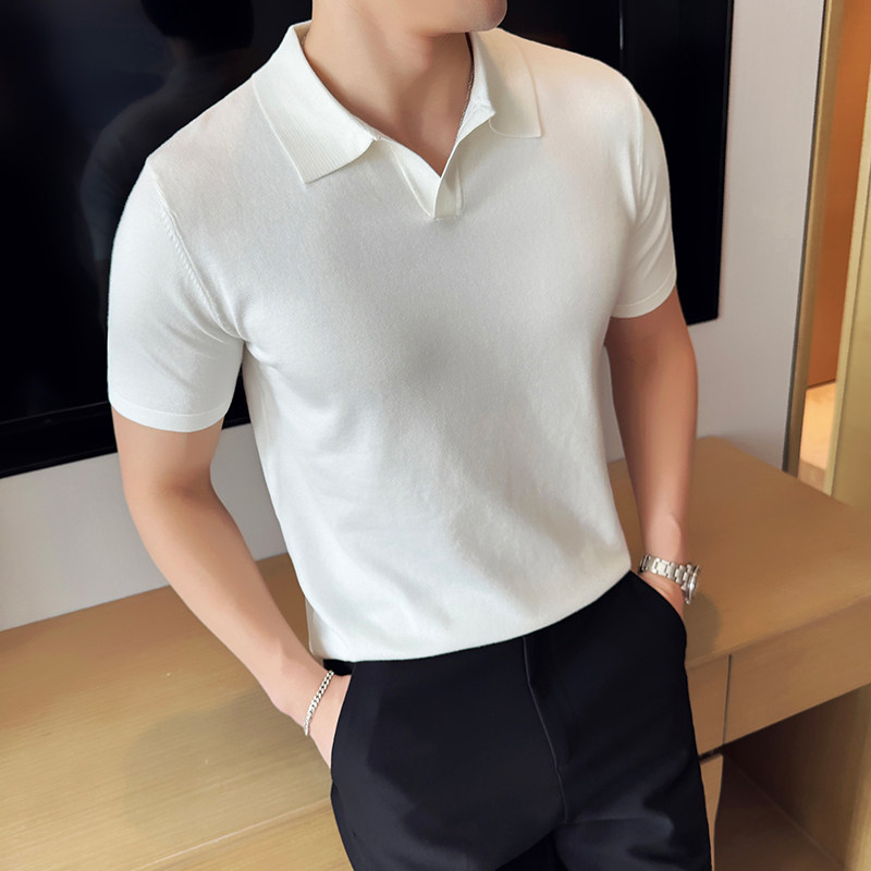 夏季冰丝薄款V领针织短袖Polo衫男纯色翻领T恤绿色PL8925-P53图片