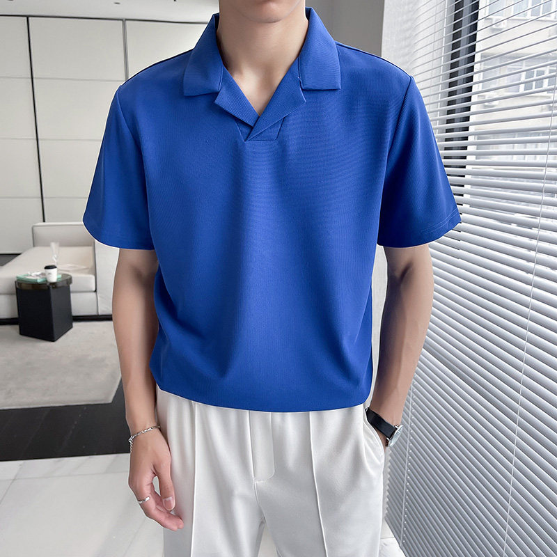 轻熟风~冰丝华夫格古巴领polo衫男西装领短袖T恤蓝色PL2238-P53,男装T恤,电商A213