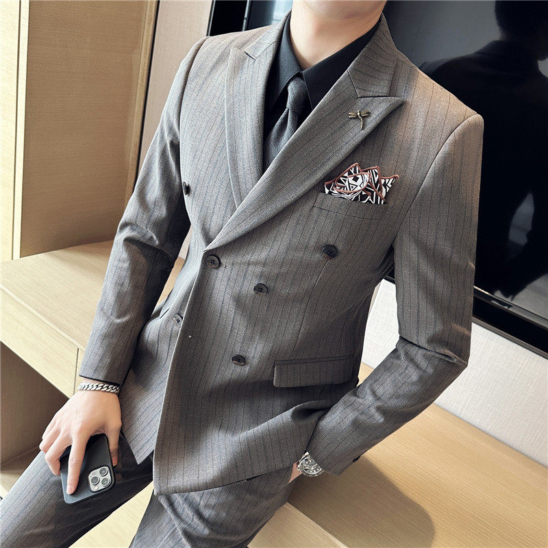 新郎西服套装条纹双排扣戗驳领西装三件套男咖啡色SJT6852-P275,男装西服套装,电商A213
