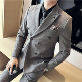 新郎西服套装条纹双排扣戗驳领西装三件套男咖啡色SJT6852-P275，男装西服套装，电商A213