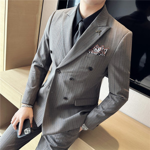 新郎西服套装条纹双排扣戗驳领西装三件套男咖啡色SJT6852-P275图片