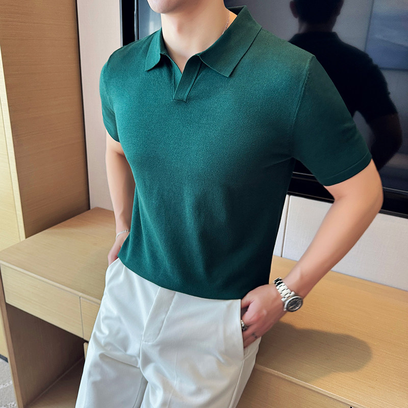夏季冰丝薄款V领针织短袖Polo衫男纯色翻领T恤绿色PL8925-P53图片