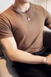 薄款冰丝弹力暗条纹修身短袖T恤男弹力圆领打底衫咖啡色TH007-P37，男装T恤，电商A213