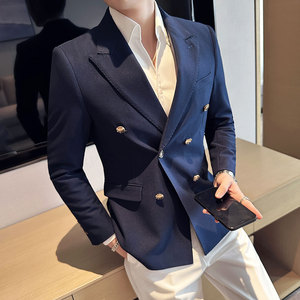 高级感双排扣西装外套男戗驳领西服商务休闲单西浅杏色DX-1-P155