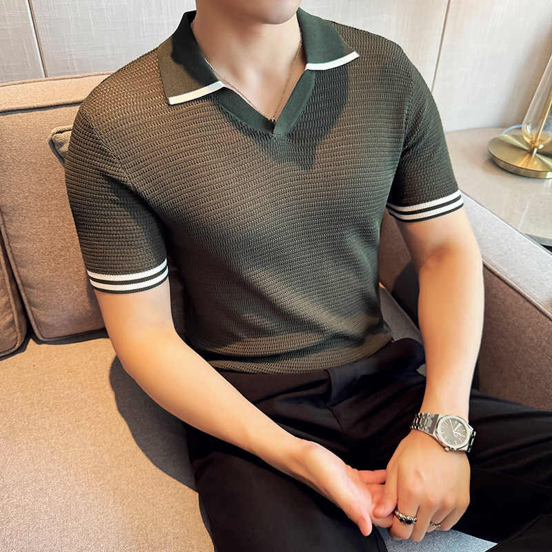 伊力特撞色肌理纹~冰丝薄款小V领针织短袖Polo衫男T恤PL8933-P73,男装T恤,电商A213