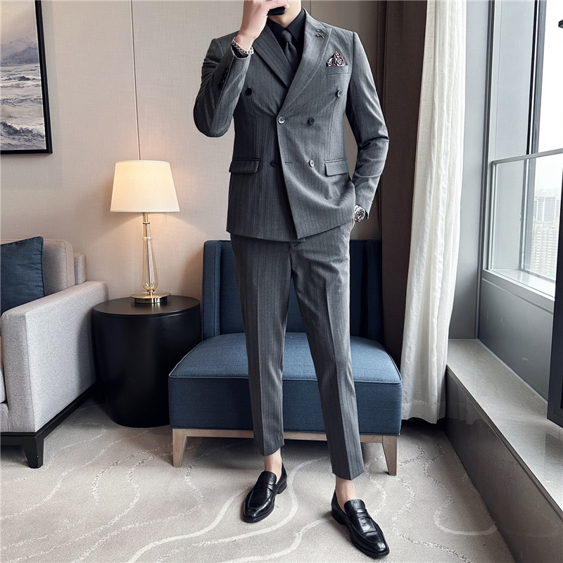 新郎西服套装条纹双排扣戗驳领西装三件套男灰色SJT6852-P275,男装西服套装,电商A213