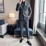 新郎西服套装条纹双排扣戗驳领西装三件套男灰色SJT6852-P275，男装西服套装，电商A213