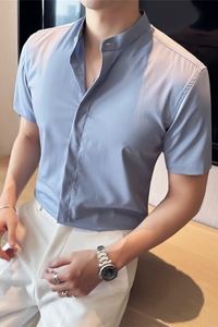 新中式立领衬衫男短袖圆领衬衣休闲时尚衬衣蓝色C2336-P58图片