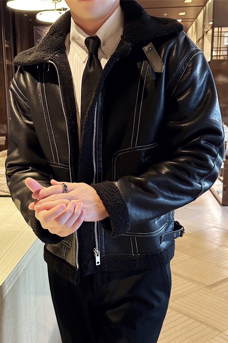 加厚棉衣男皮毛一体棉服皮外套翻领拉链PU皮夹克黑色PM22127-P237图片
