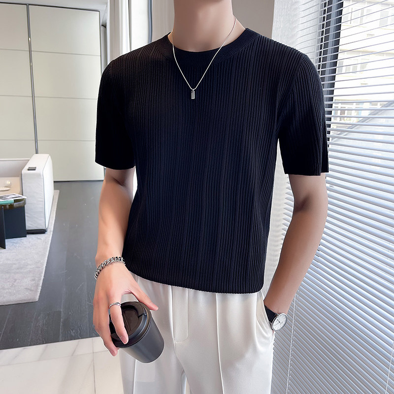 轻熟风~圆领短袖毛衣修身条纹针织衫弹力T恤打底衫黑色MY03-P45图片