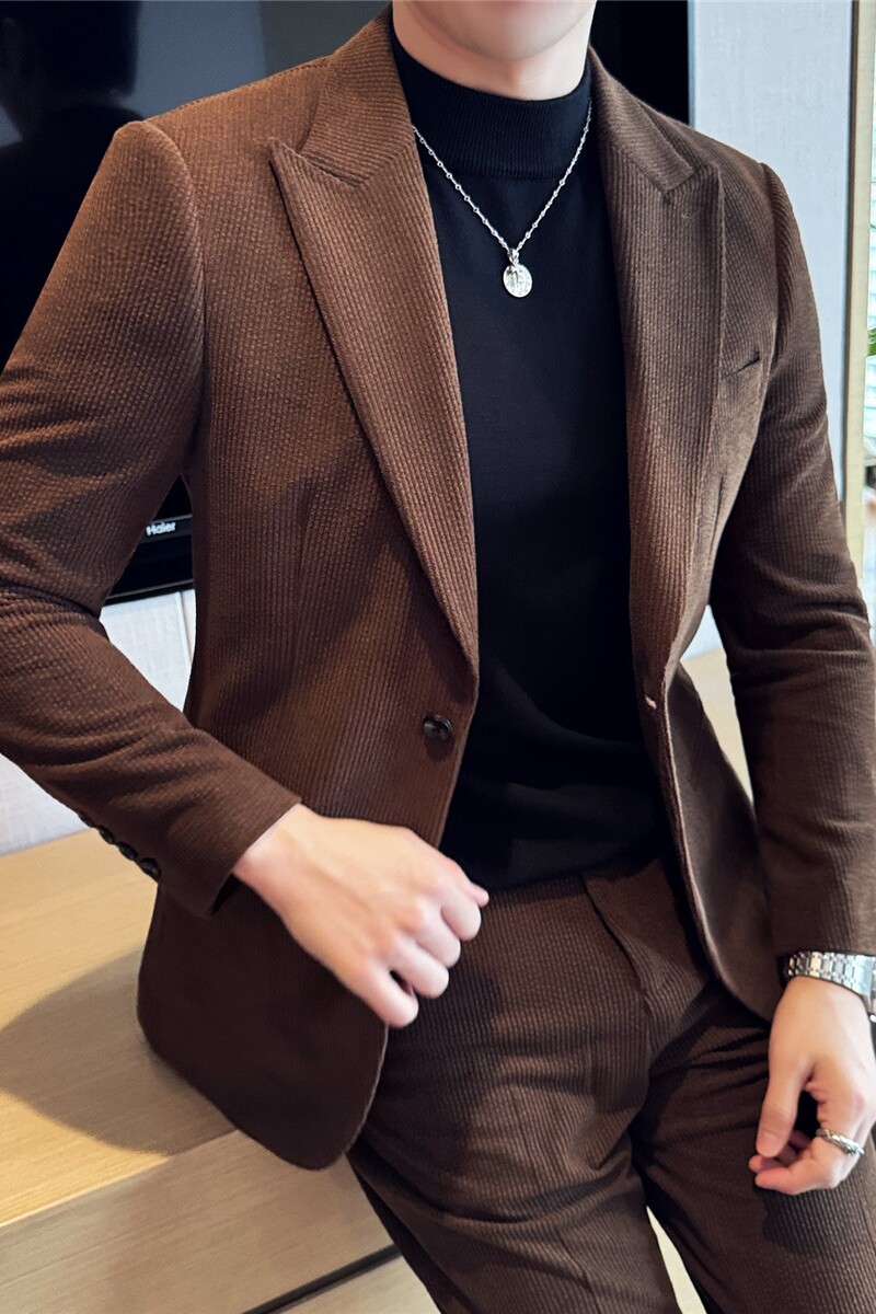 秋冬高级感灯芯绒西装外套男条绒西服加厚款西装咖啡色DX626-P137图片
