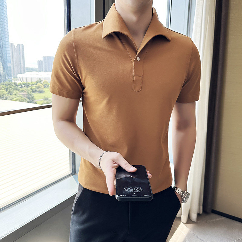 个性立体一字领polo衫男商务时尚古巴领短袖T恤藏青色PL2426-P63,男装T恤,电商A213