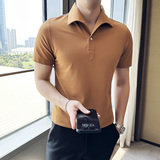 个性立体一字领polo衫男商务时尚古巴领短袖T恤藏青色PL2426-P63，男装T恤，电商A213