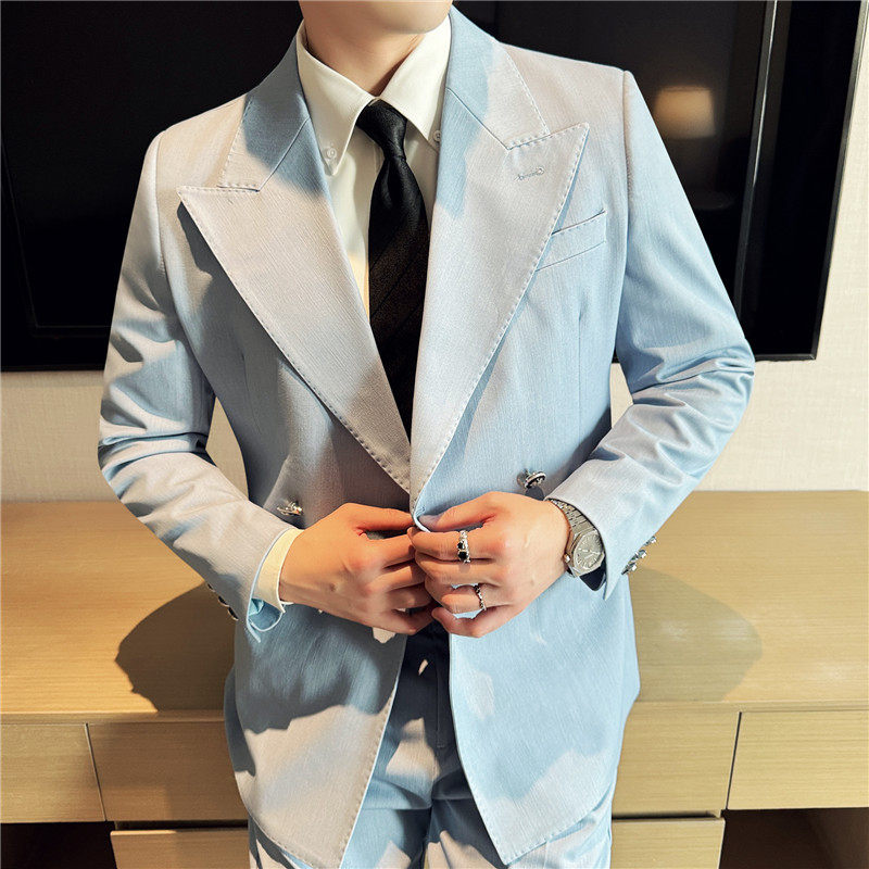 重磅加厚~布雷泽西服外套男双排扣大戗驳领西装牛仔蓝DX706-P193，男装西服，电商A213