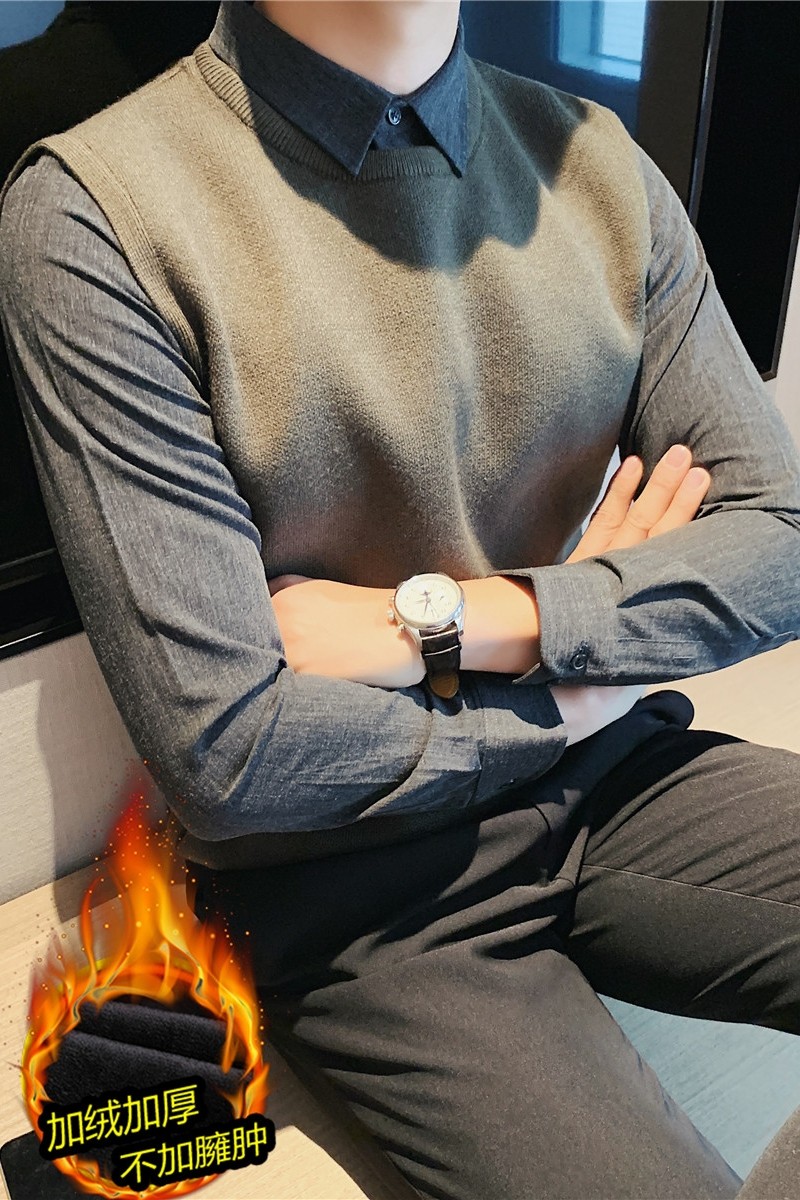 质感磨毛衬衫领加厚加绒假两件毛衣针织套头毛衣男JR1511-P105图片