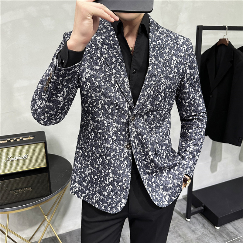 秋冬高级感花色西服外套男印花西装厚款单西上衣黑色DX920-P155,男装西服套装,电商A213