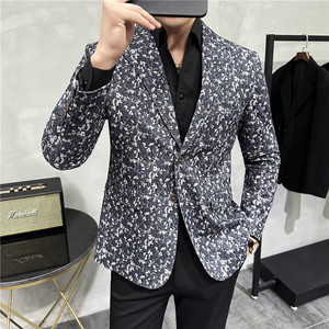 秋冬高级感花色西服外套男印花西装厚款单西上衣黑色DX920-P155图片