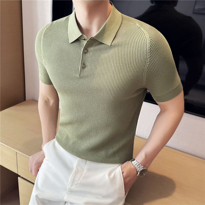 高级感伊力特贝壳扣网格马鞍肩针织短袖Polo衫翻领T恤PL8988-P63,男装Polo衫,电商A213